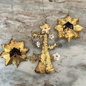 Set of 3 Ornaments- Antique / Rustic Gold Christmas Tree & Nativity Scene Star
